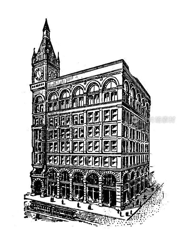 美国，密苏里州地标和公司的古董插图:圣路易斯，Odd Fellows' Hall